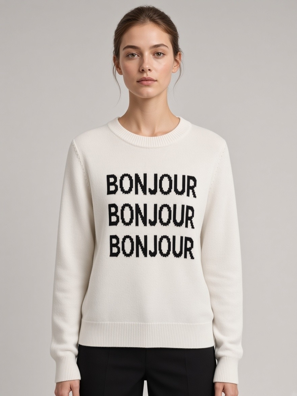 Karl Lagerfeld White Crewneck Sweater with Black 'BONJOUR' Repeat Small Preppy